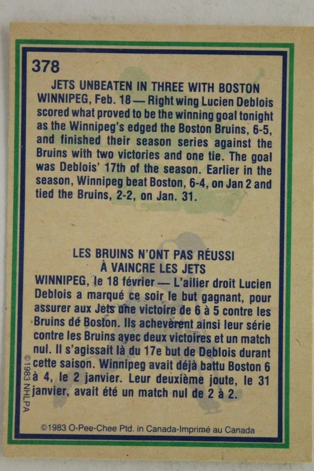 Lucien DeBlois Winnipeg Jets Signed Autographed 1983 OPC O Pee Chee #378 Card  - Image 2 of 2