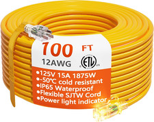 12/3 Gauge Heavy Duty Outdoor Extension Cord 100 Ft Waterproof with Lighted End,