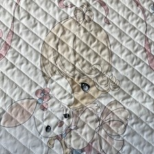 Vtg 80s Precious Moments Quilted Baby Blanket Girl Cuddle Bunny Flowers Bow Cute