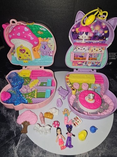 Polly Pocket Set of 2 Playset Sushi Cat & Unicorn Forest Compact & Accessories