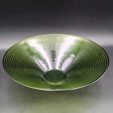 Ribbed Avocado Green Glass Serving Centerpiece Bowl 10.75" Dia x 3.25"  Tall