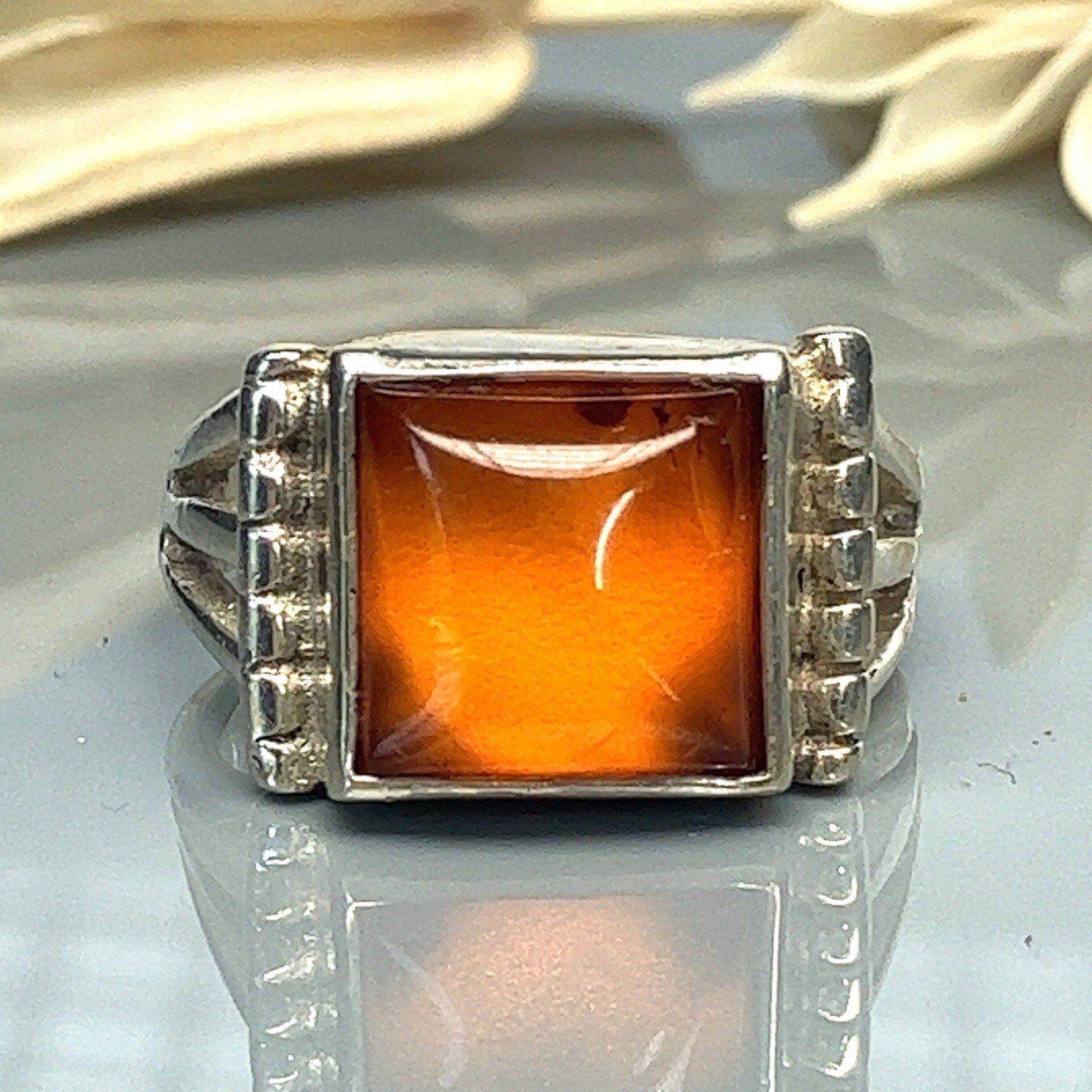 Square Orange Amber Sterling Silver Solitaire Rin… - image 2
