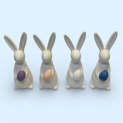4- Modern Ceramic Easter Bunny Rabbit w/ Colorful Eggs Set 8''- Spring Decor NEW!