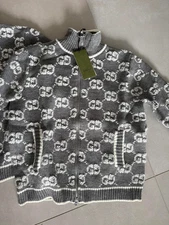 GUCCI Monogram GG Jacquard Zip Up Cardigan - Grey & White