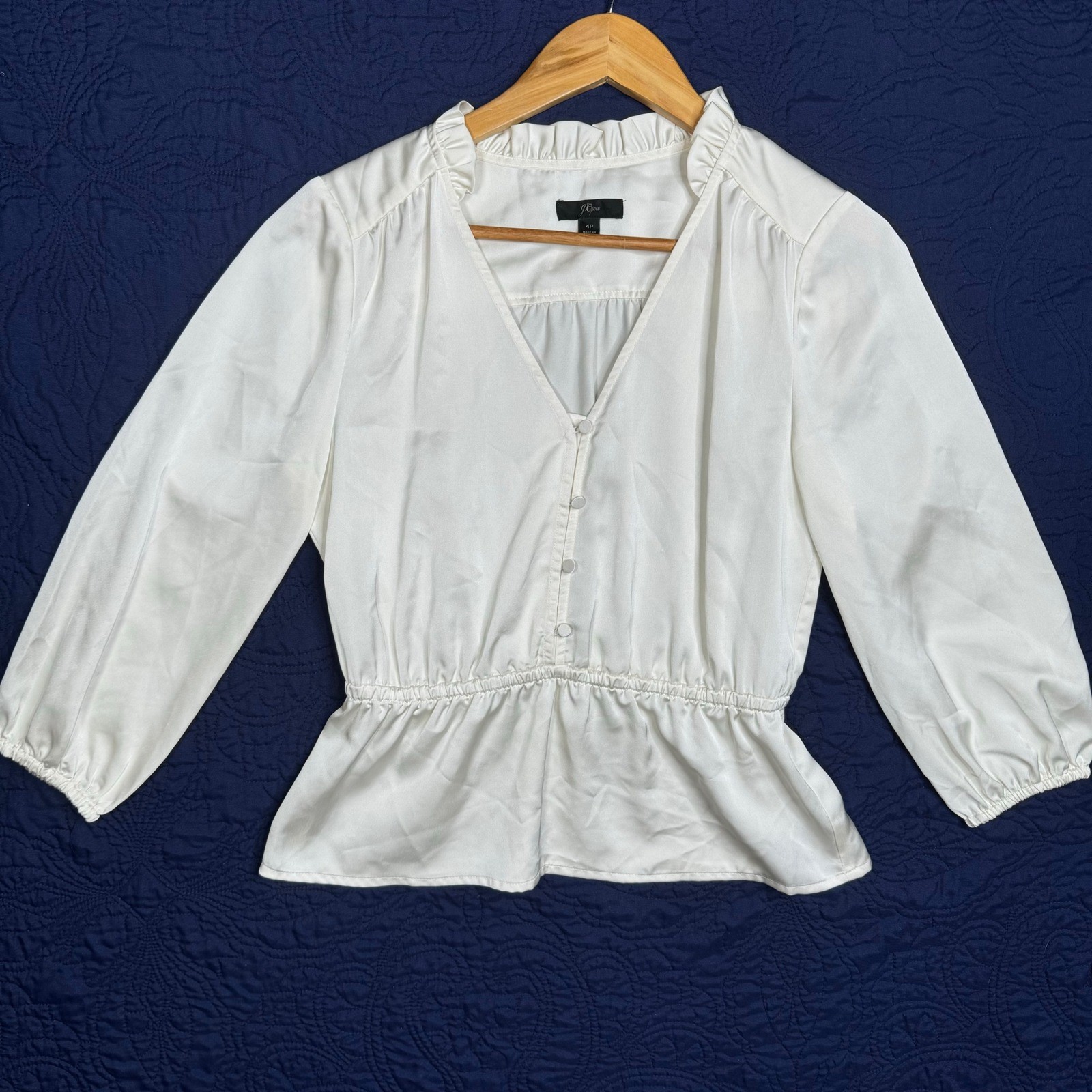 J Crew White Peplum Blouse Ruffle Neck V Neck Button Front Long Sleeve