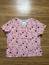 SB Scrub Top XL Women Pink with Dots Circles 3 pockets