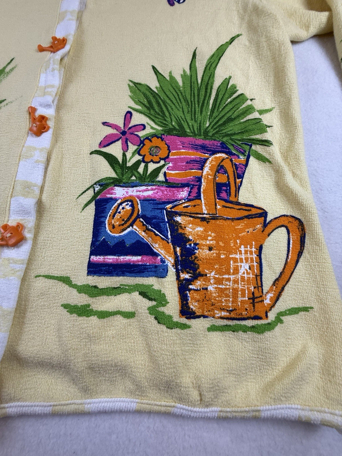 Vintage Onque Woman 2X Yellow Garden Theme Cardigan Printed Knit Novelty Buttons image 2