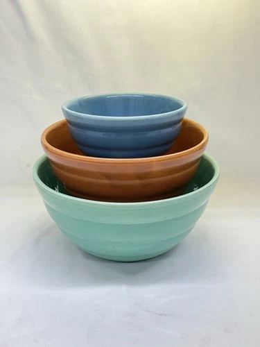 VTG Bauer Pottery 3 Beehive Mixing Bowl Set 12, 18 & 30 Blue Brown Green Nesting