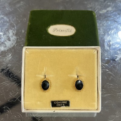 Vtg 1950s Priscilla 14k Gold Filled Genuine Black Onyx Clip On Earrings/Barkman 