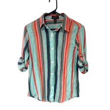 Lauren Ralph Lauren Womens Cotton Button Up Blouse Roll Tab Sleeve Striped Sz PS