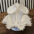 Fenton Epergne Silver Crest Milk Glass Ruffle Edged Flower Vase, Center Piece