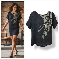 Vintage 80s 100 Silk Beaded and Pearls Chiffon Evening Top in Black Size Small