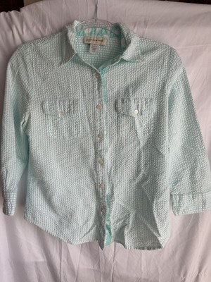 Jones New York Sport Womens Seersucker Button Up Shirt aqua green White Cotton M