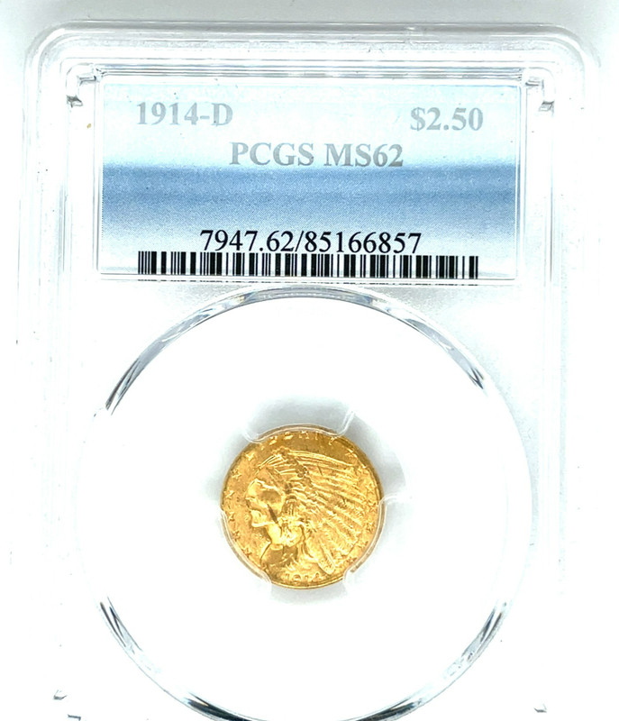 1914-D G$2.50 Gold American Indian Quarter Eagle Graded by PCGS as MS62