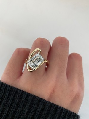 Emerald Cut Solitaire Moissanite Handmade Artistic Swirl Design Engagement Ring