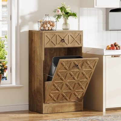 13 Gallons Tilt Out Trash Can, Wooden Hidden Garbage Can Cabinet with Drawer