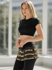 Black Coin Fringe Belly Dance Hip Scarf - Gold Coins