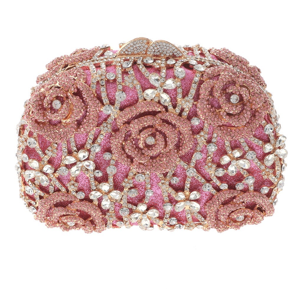 Gold Tone Metal Rhinestone Crystal Clutch Evening Bag HB6139-PNK