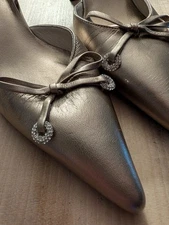 Stuart Weitzman Metallic Gold Bronze Slingback Kitten Heel Bow Rhinestone 5M