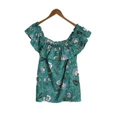 LOFT Floral Linen Blend Ruffle Off-Shoulder Top Size M