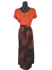Vintage 70s Boho Velveteen Maxi Skirt Brown Orange Geometric Print Sears XS/S
