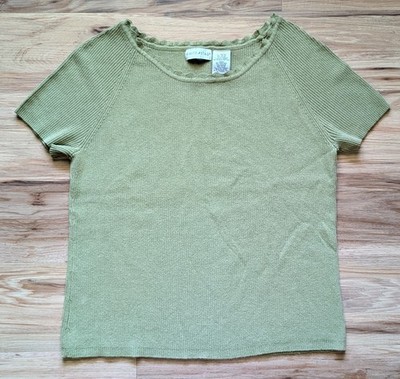 Vtg White Stag Ribbed Knit Top Womens XL Sage Green Lettuce Trim Scalloped 90s