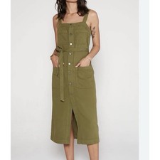 Etica Luisa Dress Size S Olive Green Denim Midi Button Front Straps NO TIE BELT