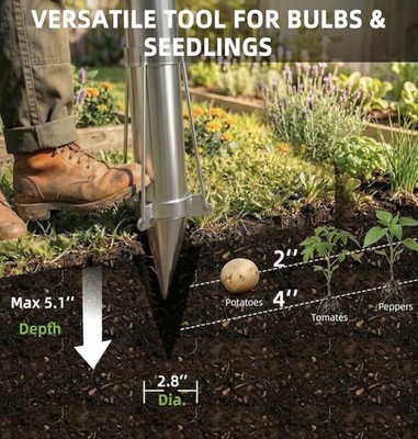 Long-handled tools for planting bulbs and transplanting vegetable seedlings.