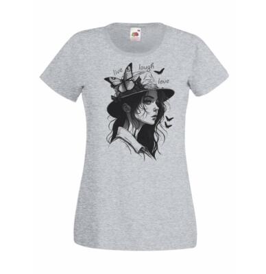 Damen-T-Shirt Live Laugh Love Butterfly Mädchen Happy Life Lady Passform grau