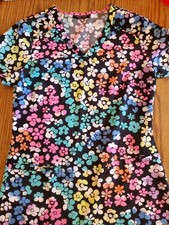 Heartsoul Scrub Top Small EUC Black With Multicolored Flowers