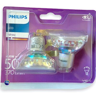 2er Pack Philips GU10 LED Leuchtmittel 4,6W ersetzt 50W Halogen Warmweiß 3000K
