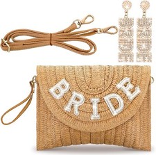 Bride Straw Shoulder Bag Beach Purses with Rhinestone Earrings...