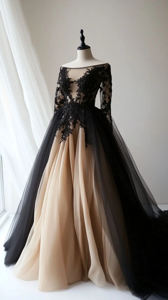 Black Champagne Gothic Wedding Dresses Long Sleeve A Line Scoop Neck Bridal Gown - Image 3 of 4