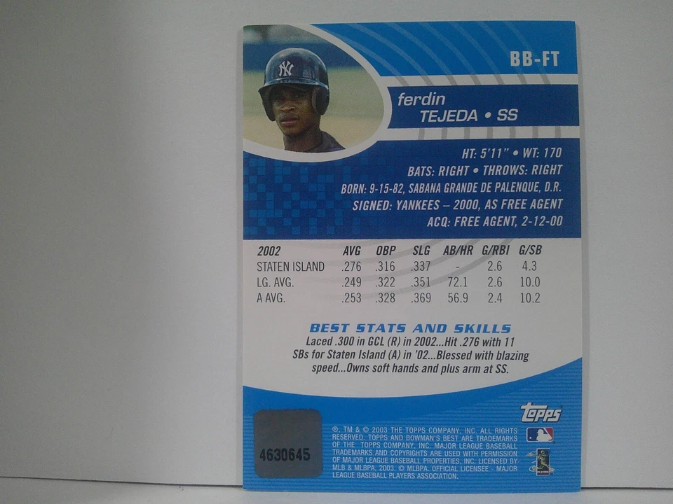2003 (YANKEES) Bowman's Best Blue #FT Ferdin Tejeda FY AU - Image 2 of 2