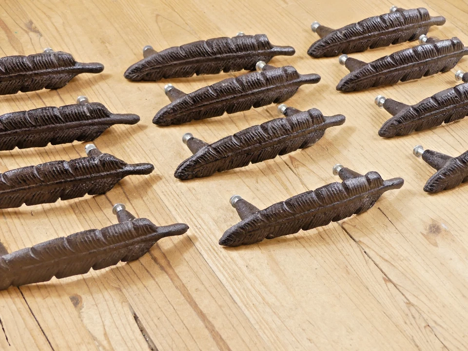12 Drawer Pulls W/ Screws Handles Knobs Rustic Feather Cast Iron Kitchen Cabinet - Image 2 of 4