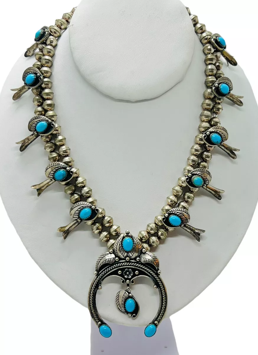 Carolyn Pollack Sterling Silver Naja Turquoise Squash Blossom Necklace 80g 23in