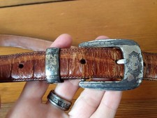 Vtg Lands End Western Distressed Metal Buckle Brown Leather Belt USA Made 38