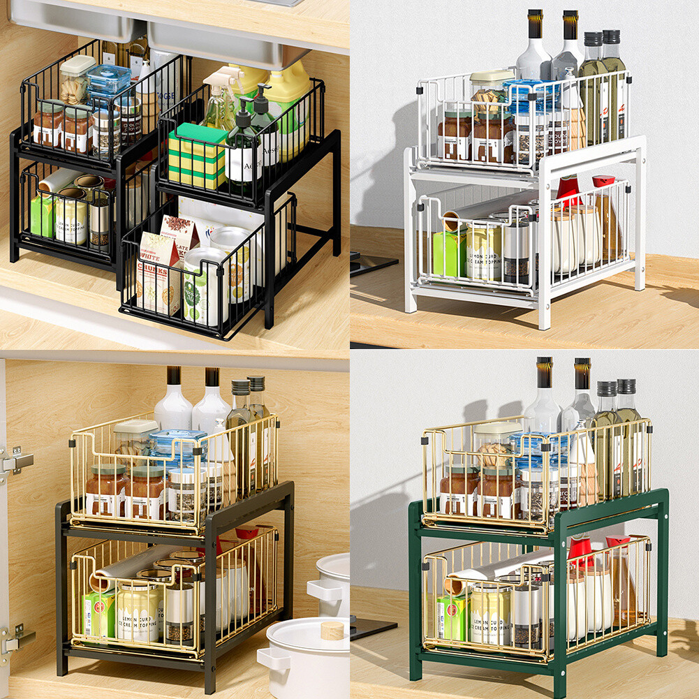 2 Tier Under Sink Pull Out Storage Basket Kitchen Cupboard Organiser