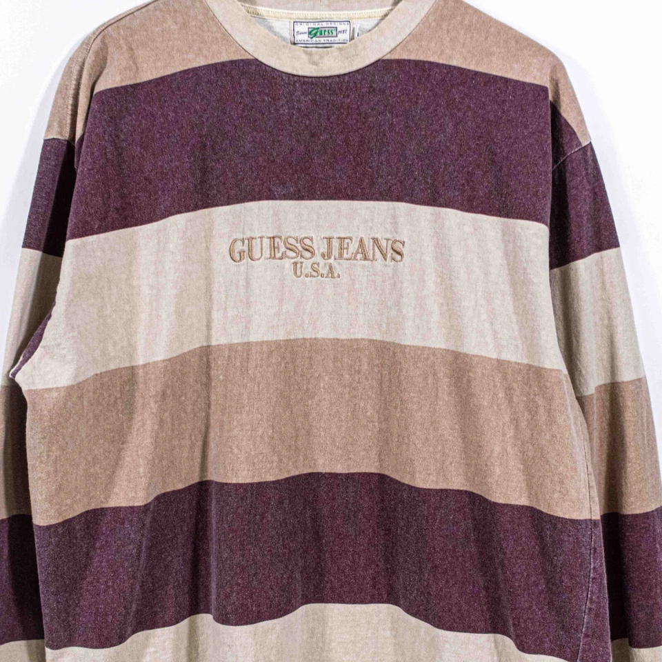 GUESS Jeans Striped T-Shirt Long Sleeve Horizontal XL VTG 90s Streetwear Hip Hop - Image 3 of 4
