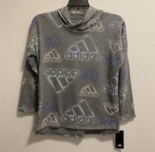 Adidas Girl  s Gray Logo All Over Print Long Sleeve Lightweight Hoodie Sz Medium