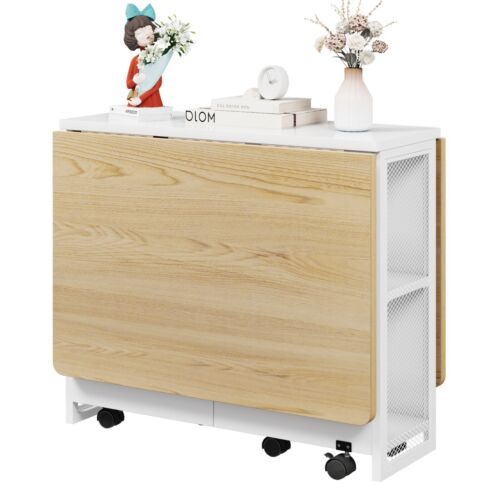 Folding Dining Table with 6 Wheels Storage Racks for Small Kitchen Saving Space - Picture 6 of 15
