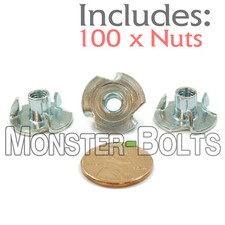  10-32 x 5/16" - Qty 100 - 3 Prong Tee Nut Straight Barrel Zinc Plated T-Nut
