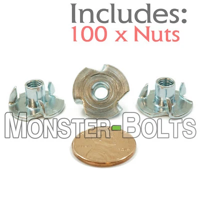 MONSTER-BOLTS #10-32 x 5/16" - Qty 100 - 3 Prong Tee Nut Straight Barrel Zinc Plated T-Nut