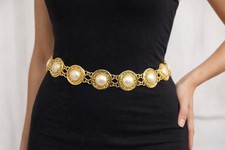 Vintage Harwill NY Ornate Faux Pearl Gold-tone Adjustable Belt, 1980s Runway