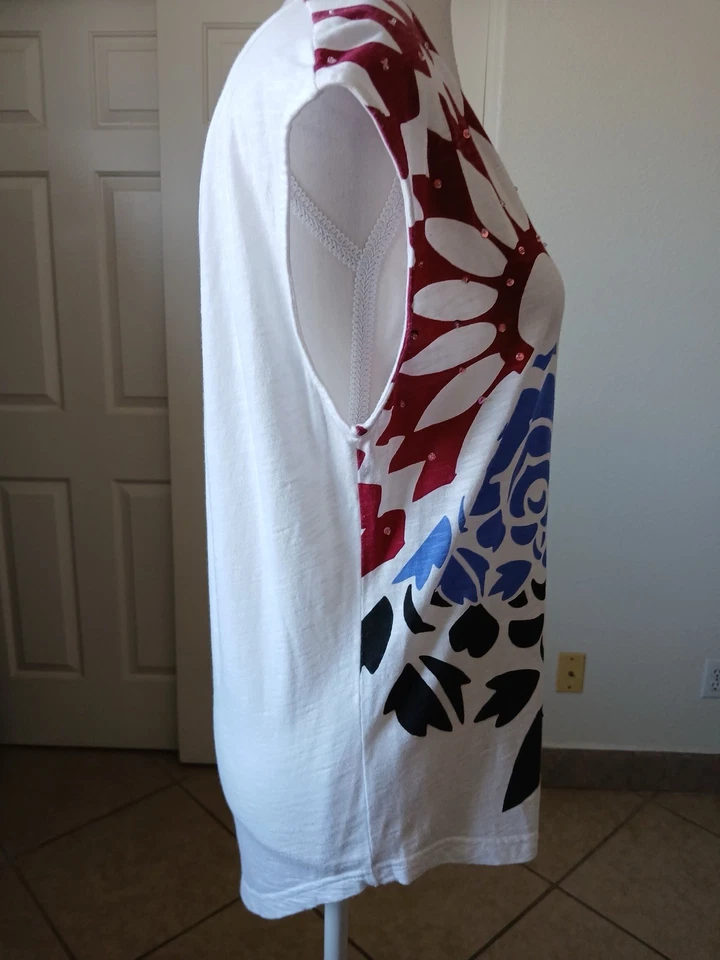 Desigual 女式衬衫上衣白色多色亮片无袖中号艺术 — 第 4/4 张图片