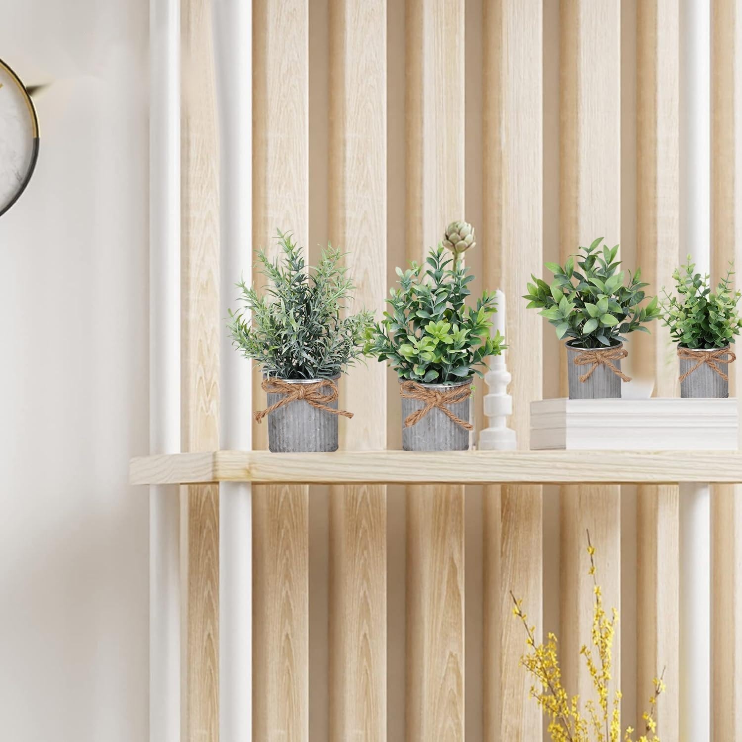 Small Artificial Plants Set of 4 Fake Potted Plant with Iron Pot Mini Greenery D