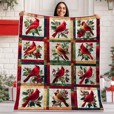 Red Cardinal Quilted Throw Blanket Vintage Bird Bedspread Christmas Gift Winter
