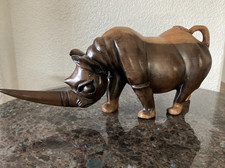 Carved Wooden Rhino Sculpture Figurine Solid 16" Wood Statue Rustic Home Decor