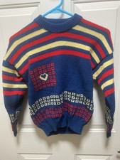 Blue Striped Heart Sweater  1980s/90s Geometric Knit Pullover