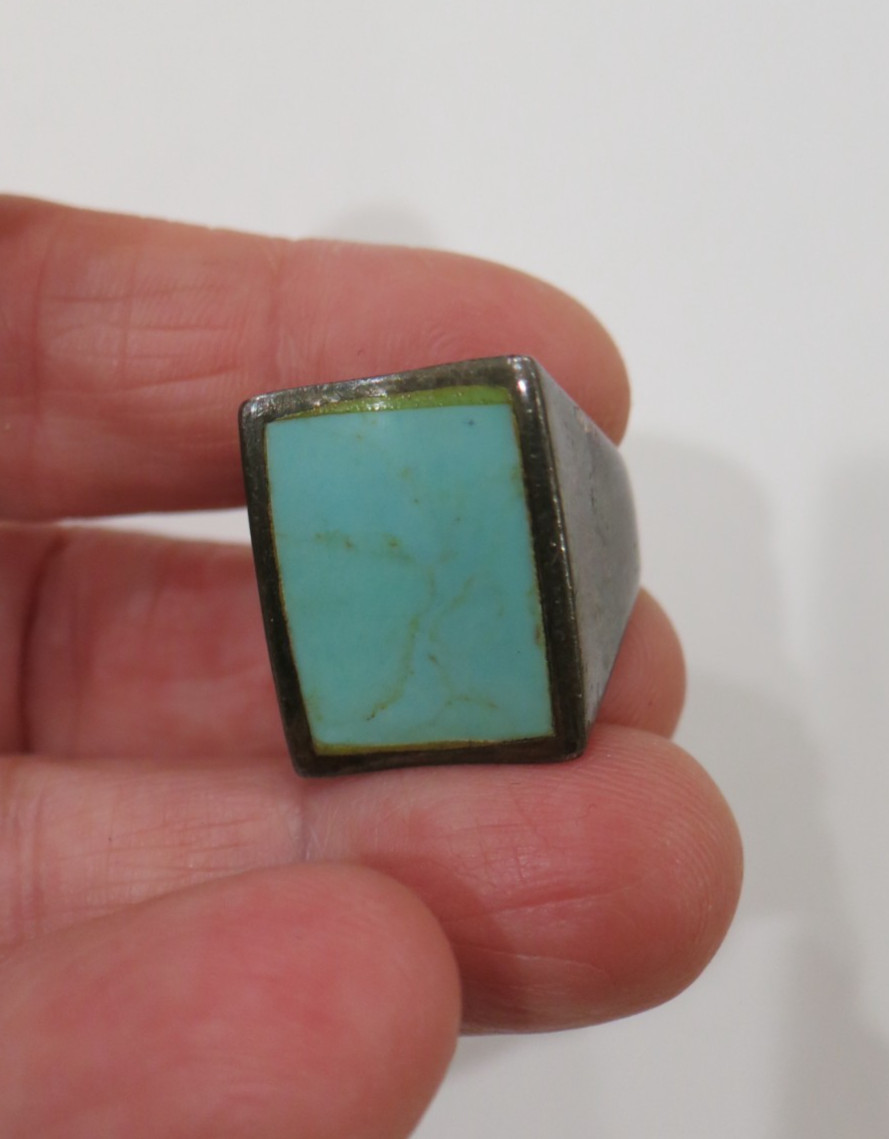 VINTAGE STERLING  RECTANGULAR GREEN TURQUIOSE INL… - image 3